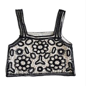 Rebellion Cream & Black Floral Crochet Crop Top Size Medium